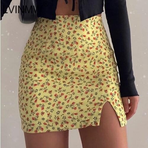 LVINMW Sexy High Waist Flower Print Side Split Mini Skirt 2020 Summer Women Slim Skinny Yellow Fashion Female Chic Streetwear