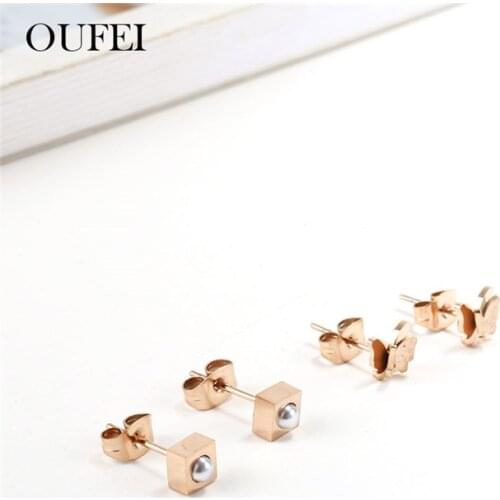 OUFEI Rose Gold Butterfly Earrings For Women Stainless Steel Jewelry Pearl Earring Female Summer Jewelry Accessories
