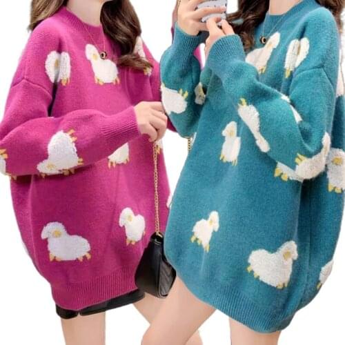 Women Cute Cartoon Sheep Sweater Long Sleeve O-Neck Oversized Knit Jumper Tops