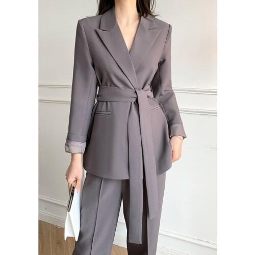 SE034 Casual Temperament Fashion Professional Suit Double Button Lace-up Blazer Zipper Wide Leg Pants Women Solid Two Piece Set