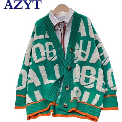 AZYT Letter Print Knit Oversized Cardigan Women Autumn Loose V Neck Women Sweater Jacket 2021 Casual Chic Female Knitwear Coat