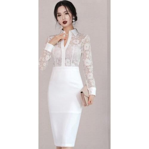 Korean style ladies temperament V-neck flower lace 2021 spring high waist stitching slim sexy hip shirt dress