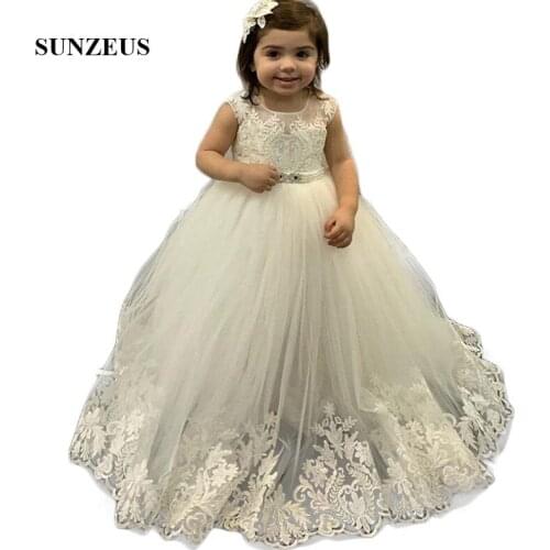 Ivory Tulle Lace First Communion Dresses 2021 Pearls Beaded Waist Ball Gown Little Princess Flower Girls Dresses
