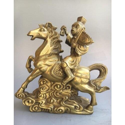 11'' Brass carved home fengshui decor auspicious animal monkey on horse back