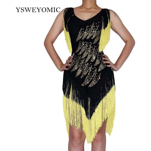 2020 Gold Rhinestones Tassel Beading Black Dress Birthday Celebrate Outfit Bar Dancer Outfit Prom Women Singer Latin Dance Dress