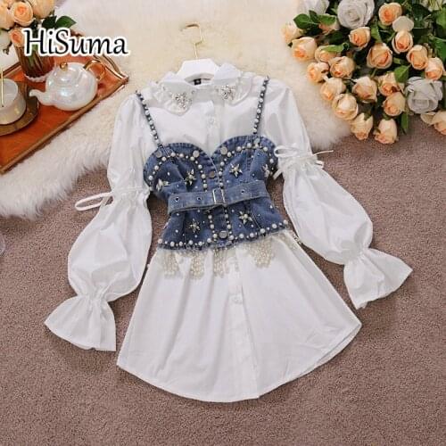 2021 spring new women rhinestones beading bow puff sleeve cotton shirts with denim vest female chic elegant two piece set
