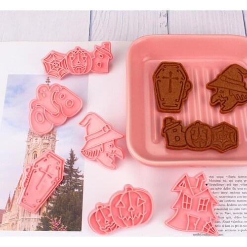 6Pcs/Set Cookies Mold Halloween Design Cooking Tools Plastic Hand Press Pastry Stamps for Party Halloween cookie mold