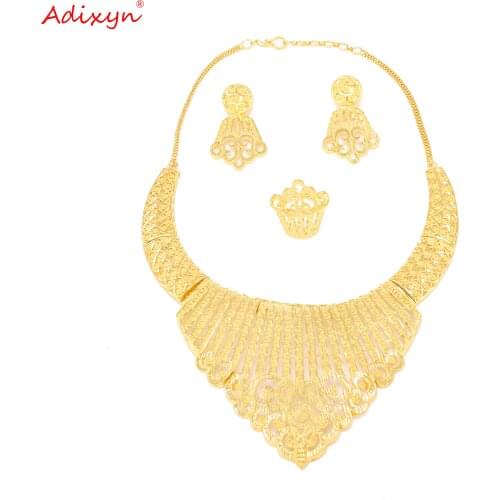 Adixyn 24k Jewelry Sets Indian Gold Necklace Earrings Ring for Women African Wedding Gifts High Quality Accessories N1021M4