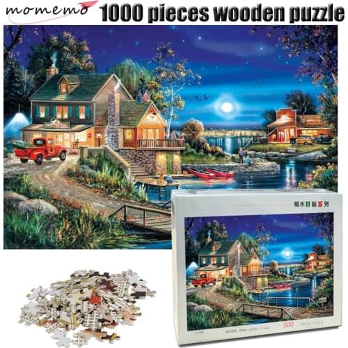 MOMEMO Under The Night Wooden Jigsaw Puzzle 1000 Pieces Adult Puzzle Beautiful Rural Landscape Puzzle Game Toys for Children