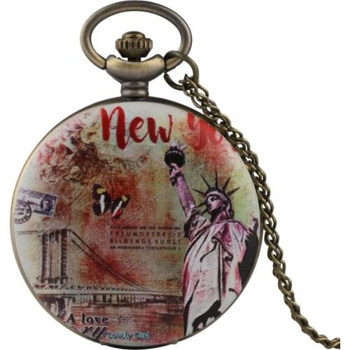 Mens Necklace Pocket Watch Statue of Liberty Pattern Necklace Watch for Boy Quartz Arabic Numeral Pocket Watches for Teenager