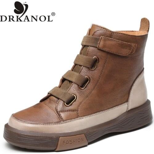 DRKANOL Retro Handmade Genuine Leather Women Boots 2021 Autumn Winter Snow Boots Women Warm Shoes Mixed Colors Flat Ankle Boots