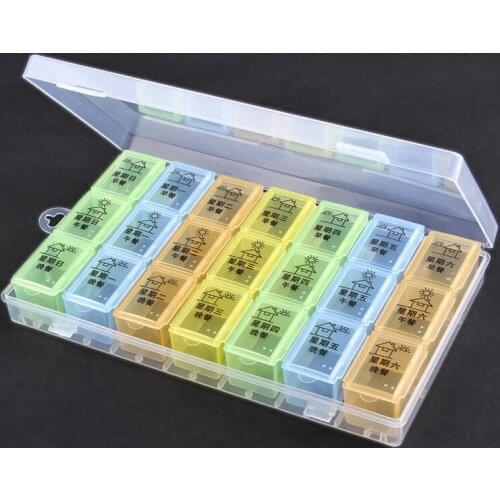 By ems or dhl 200pcs Tablet Pill Medicine Box Holder Storage Organizer Container Case Colorful 21Slots Pill Box
