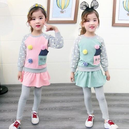 Girls Clothing Set Carton Spring Autumn Kids Clothes Sets 2 Pcs Patchwork Dot Sleeve Tops + Skirts Pant Suit Clothing Sets