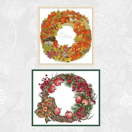 Wreath-Autumn Fruits Cross Stitch Kits Printed Canvas 11CT 14CT DMC Cross-stitch Embroidery Sets DIY Handwork Needlework Crafts