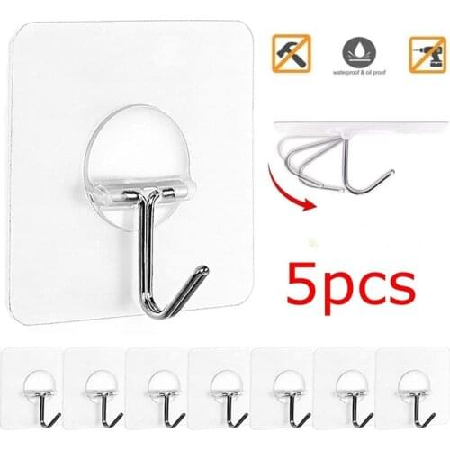 5pcs Wall Hooks Self Adhesive Transparent Door Wall Sticker Hanger Hook Waterproof Heavy Load Rack Cup Sucker for Kitchen