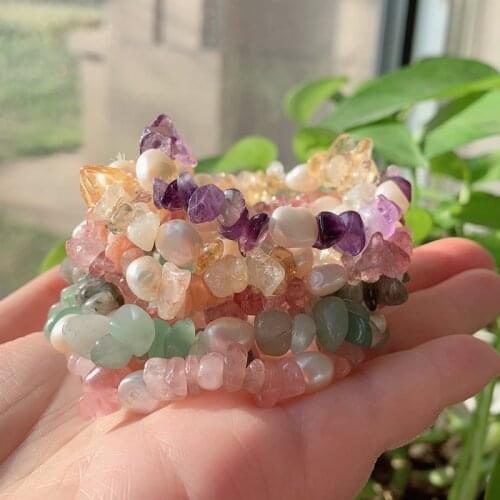 Natural Baroque Pearl Bracelets Reiki Healing Rock Crystal Chips Gravel Stone Real Amethysts Citrines Pink Quartz Bracelets Girl