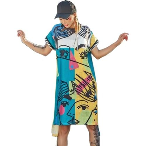 2021 New Women Straight Graffiti Loose Tee Shirts Dress Oversize Streetwear Street Style Hip Hop Dance