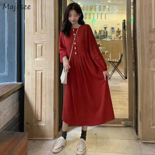 Solid Dress Womens Simple Loose Leisure Harajuku Korean Style Maxi Dresses Female Mid-calf Spring Autumn O-neck Newest Stylish