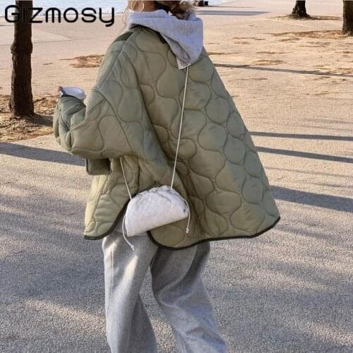 Gizmosy Autumn Winter Womens Loose Jackets Thin Parkas Oversize Pocket Coats O-Neck Outwear Female Long Sleeve Cotton Clothes
