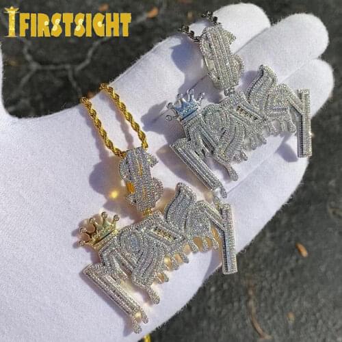 New Iced Out Bling Crown Letters Money Pendant Necklace Two Tone Color CZ Zircon Dollar Symbol Necklaces Mens Hip Hop Jewelry