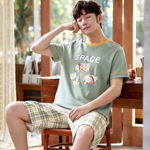 Cartoon Space Cats Printing Short Sleeve Sleepwear Summer Casual Man Pajamas Set Cotton Korean Green Check Shorts Male Home Wear