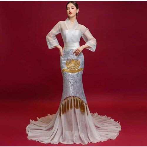 Luxury Embroidery Oriental Style Evening Dresses Long Cheongsam Sexy Tassel Party Dress Women Chinese Traditional Wedding Qipao
