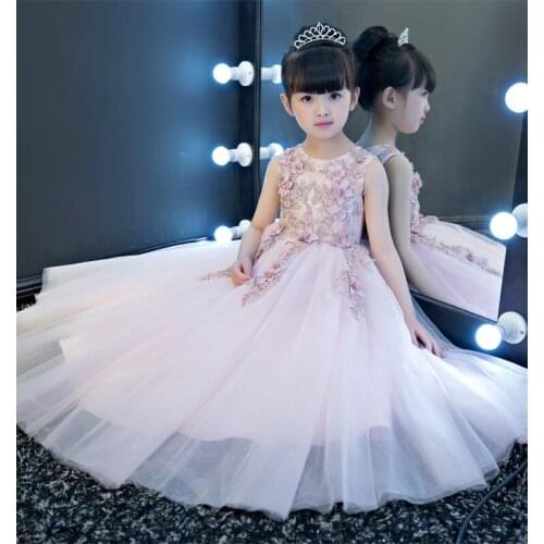 Pink Lace Flower Girl Dresses for Wedding Birthday Beaded Appliques Girl Pageant Princess Gown First Communion Dress for Party