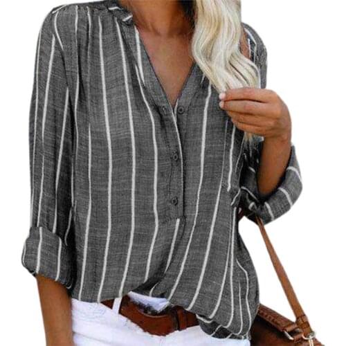 Single Breasted Striped Women Shirt Soft Button Down V-Neck Loose elegant Shirt for Female Clothing top Women 2021 Blue 3XL