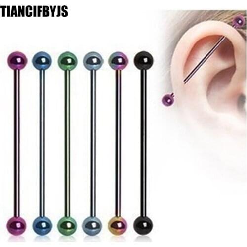 TIANCIFBYJS Anodized Surgical Steel Industrial Barbells Earrings Straight Long Bar Ear Piercing Ring Body Jewelry Mix 7 Colors