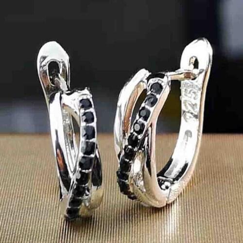 Vintage Silver Color Hoop Earrings Elegant Bridal Hollow Wedding Earrings Punk Female Black Square Crystal Earrings For Women