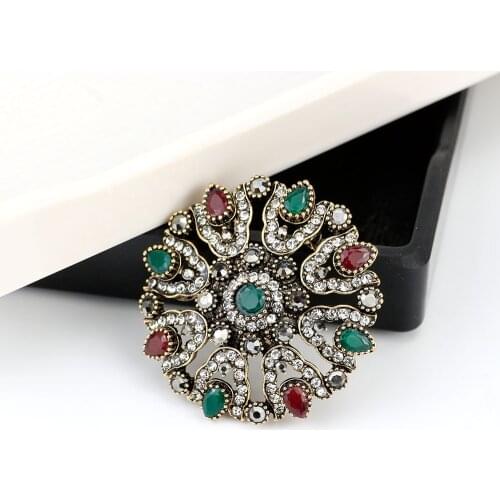 Vintage Turkish Rhinestone Flower Brooch For Women Antique Gold Color Multicolor Resin Round Brooches Broches Party Scarf Pins