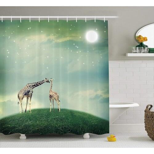 Giraffe Shower Curtain Mother Child Animal on Meadow Fairytale Atmosphere Shining Stars Romance Moon Image Fabric Bathroom Decor