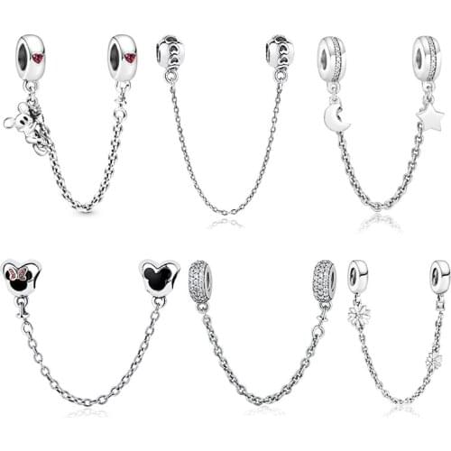 La Menars Safety Chains 925 Sterling Silver Heart Moon & Star Shape 5A Cubic Zircons Fit Womens Pandora Bracelets