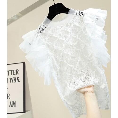 Sexy Lace Blouse Women Sweet Hollow Out Lace Joint Gauze Perspective Sexy Shirt Womens Slim Fit Stand Collar Tops Blusas Femme