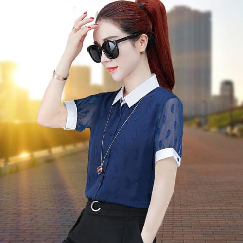 Womens Spring Summer Style Chiffon Blouse Shirt Womens Solid Color Short Sleeve Button Hollow Out Elegant Korean Tops DD8412