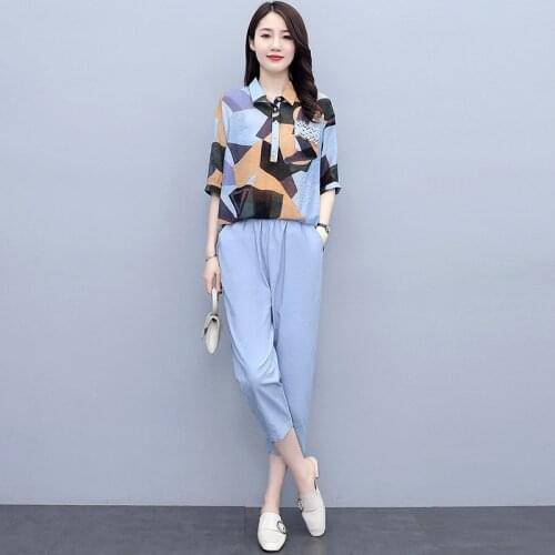 2021 Fashion Print Women Suits Cotton Linen Short Sleeve Shirt And Ankle-Length Pants Suits Summer Retro Two Piece Sets New 4xl