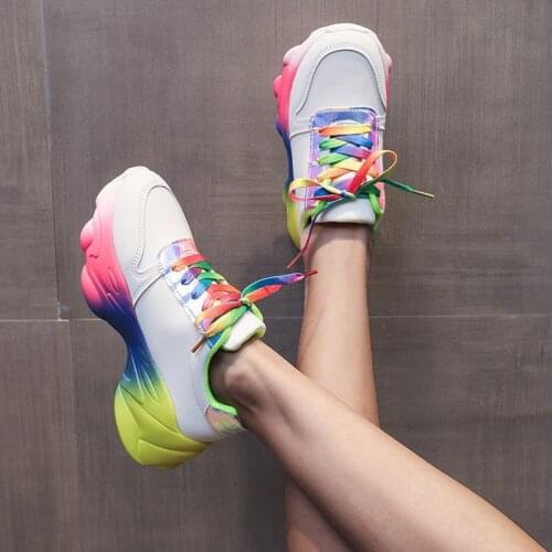 Women Rainbow Mesh Sneakers Autumn Unisex Breathble Rainbow Bottom Thick Bottom Hook Loop Females Clunky Sneaker Wear-resistant