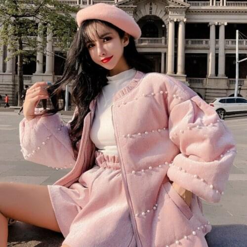 Heydress Women Winter 2 Piece Set Fashion Velvet Parkas+ High Waist Shorts Suits Pearls Pink Matching Outfits New Fleece Sets