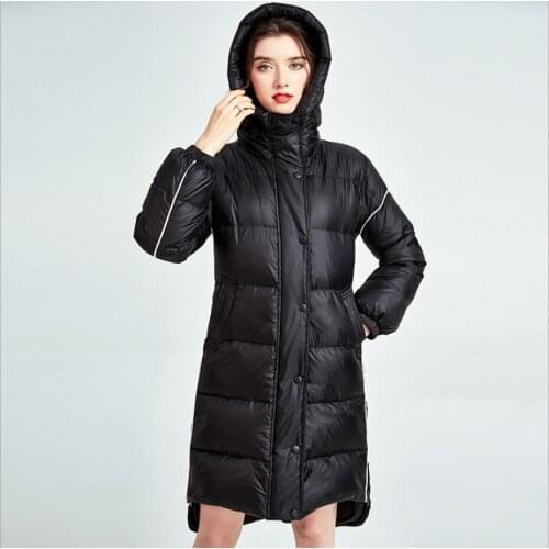 Womens Down Coats Hooded Stand Collar coat Long Sleeves White Duck Down jacket Elegant Winter Parkas Overcoat Outerwear female