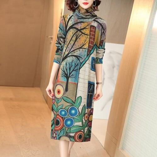 2021 Autumn Winter Vintage Casual Floral Warm Long Turtleneck Wool Sweaters Elegant Women Print Bodycon Knitting Sweater Dresses