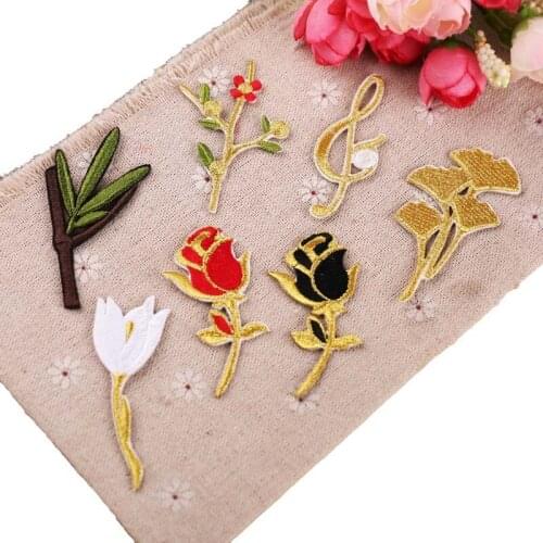Golden Flowers Embroidery Patches for Jacket Iron on Stripes Appliques Clothes Stickers Clothing Rose Badges for Backpack