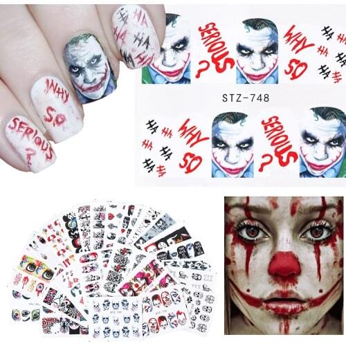 1pcs Halloween Nail Stickers Joker Witch Skull Gothic Design Water Transfer Nail Art Sticker Decals Manicure Tattoo GLSTZ731-755