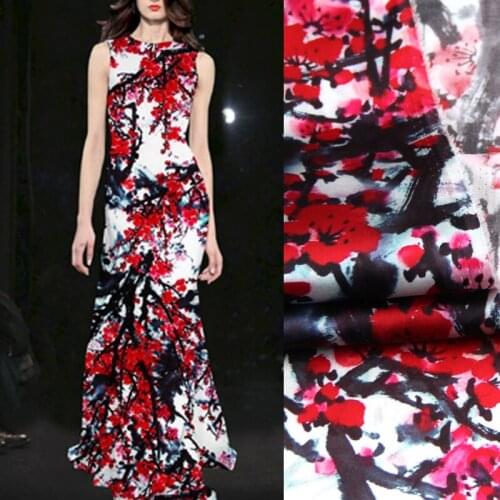 118CM Wide 19MM 93% Silk & 7% Spandex Red Wintersweet Print Stretch Silk Satin Fabric for Dress Cheongsam Shirt Jacket D1085