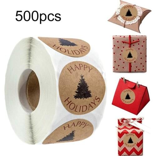 2020 New Christmas Stickers 500 Christmas Tags/Happy Holidays with Single Black Tree Sticker 50P