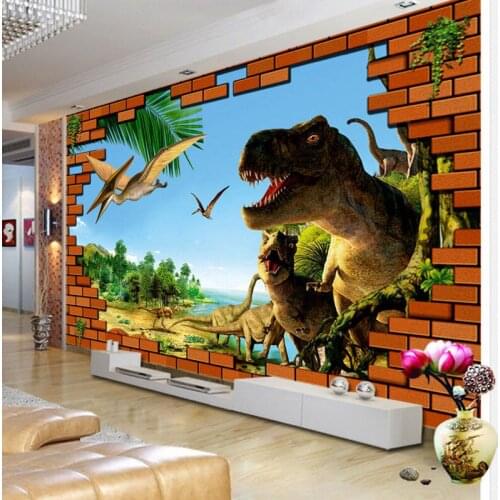 3D Cartoon Mural Dinosaur Broken Wall Brick Wallpaper Kids Room Living Room Backdrop Decor Eco-Friendly Non-Woven Wallpapers 3D