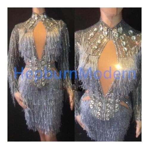 Sparkly Silver Rhinestones Dress Women Birthday Celebrate Costume Female Singer Bling Tassel Dresses DJ Performance Dance Outfit