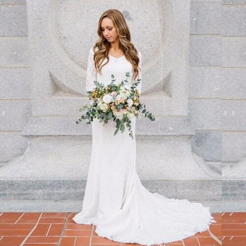 Boho wedding dress with long arm V-cut lace mermaid white ivory beach wedding dress 2020