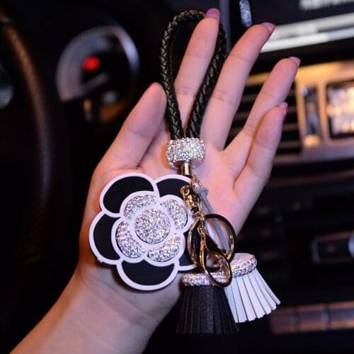 Diamond Camellia Car Keychain Fashion Czech Drilling Car Key Rings Lady Gift Key Case For Volkswagen Audi BMW MINI With Mirror