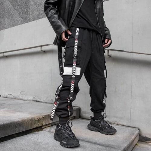 Streetwear Harem Pants Men Ribbons Casual Pants Men Slim Black Joggers Pants Side-pockets Man Trousers Novel Spring