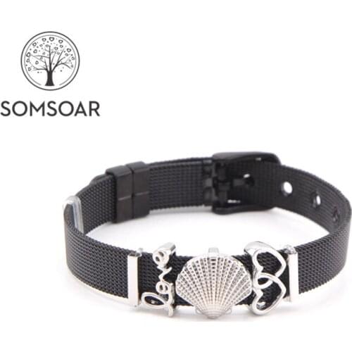 Dropshipping Somsoar Jewelry OCEANHOLIC SET Black SOULMA Mesh Stainless Steel Bracelet set with seashell Slide Charms as gift